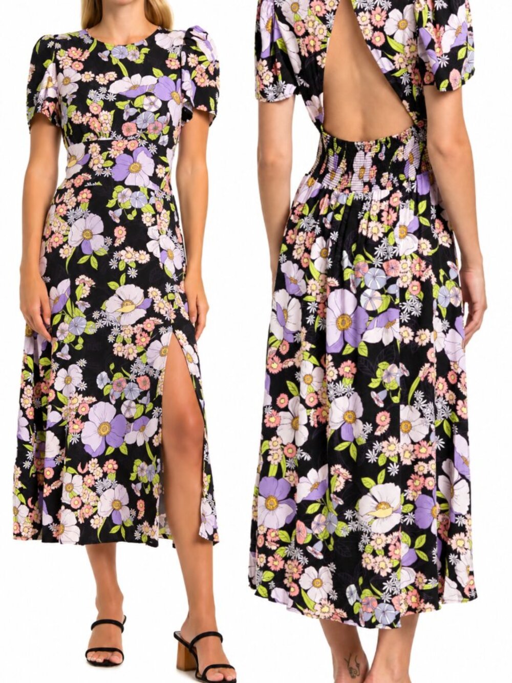 AFRM Jamie Print Open Back Short Sleeve Dress Noir Summer Bouquet Flower Power L